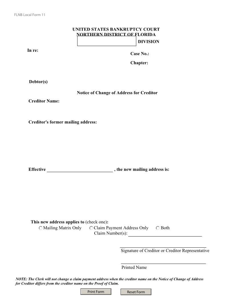 Notice Of Change Of Address For Creditor {LF-11} | Pdf Fpdf Docx | Florida