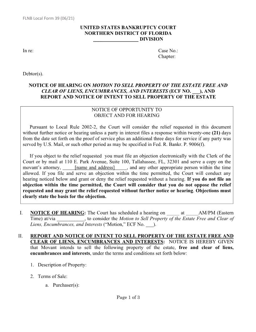 Notice Of Hearing Motion To Sell Property Report And Notice {LF-39} | Pdf Fpdf Docx | Florida