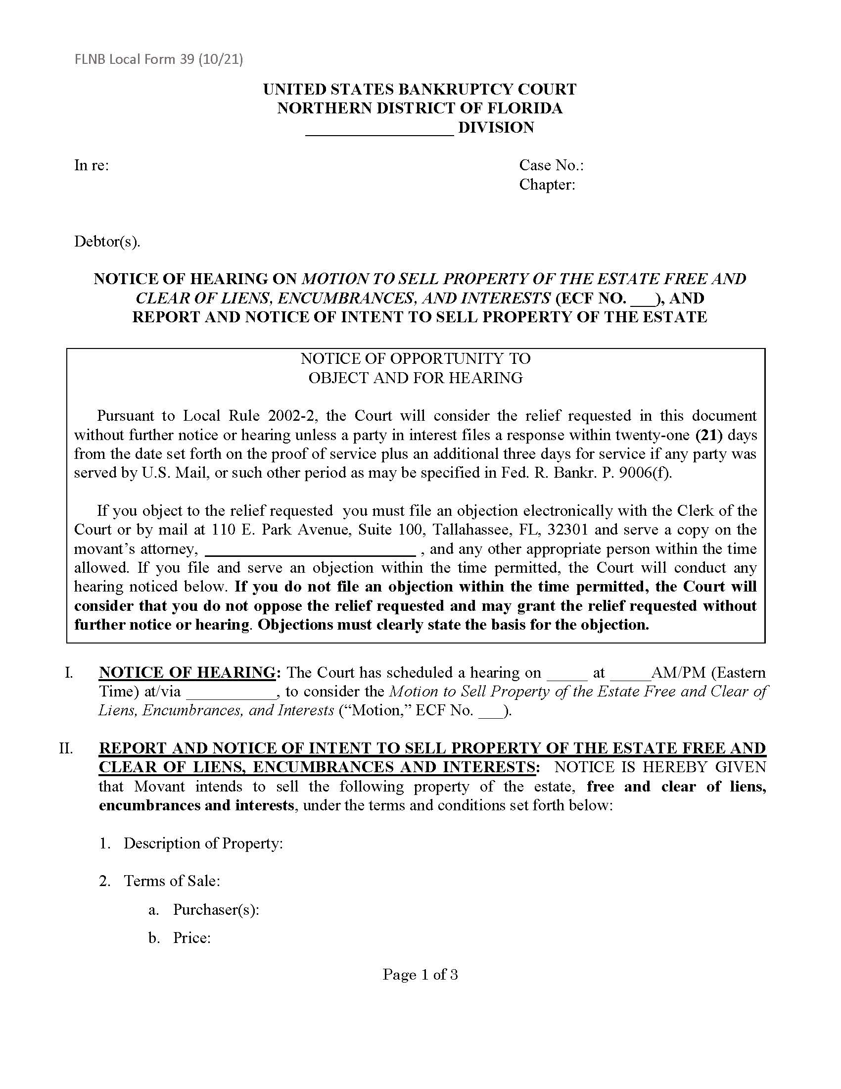 Notice Of Hearing Motion To Sell Property Report-Notice Of Intent {LF-39} | Pdf Fpdf Docx | Florida