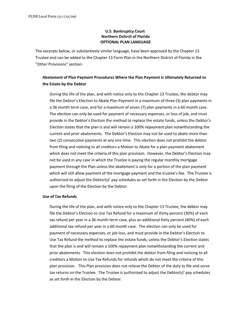 Optional Plan Language (Chapter 13) {LF13-1} | Pdf Fpdf Docx | Florida