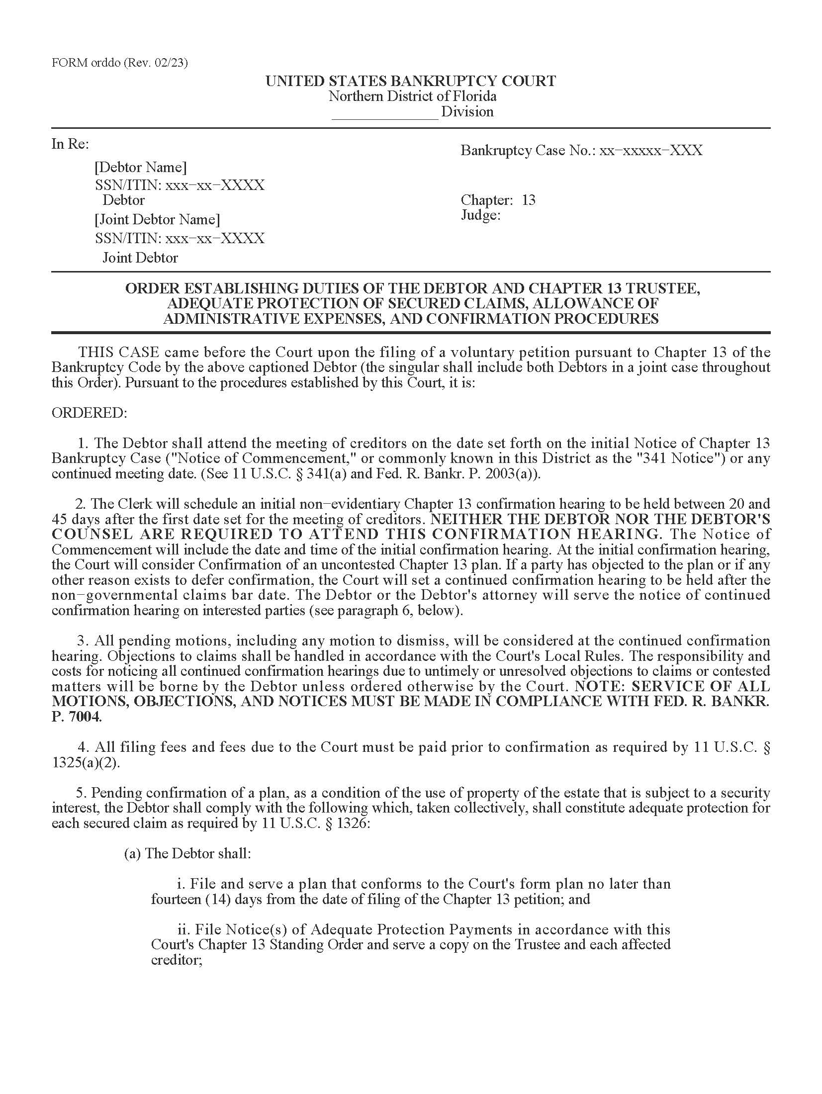 Order Establishing Duties Debtor And Trustee Claims Expenses Procedures (Template) {LFO-1} | Pdf Fpdf Docx | Florida