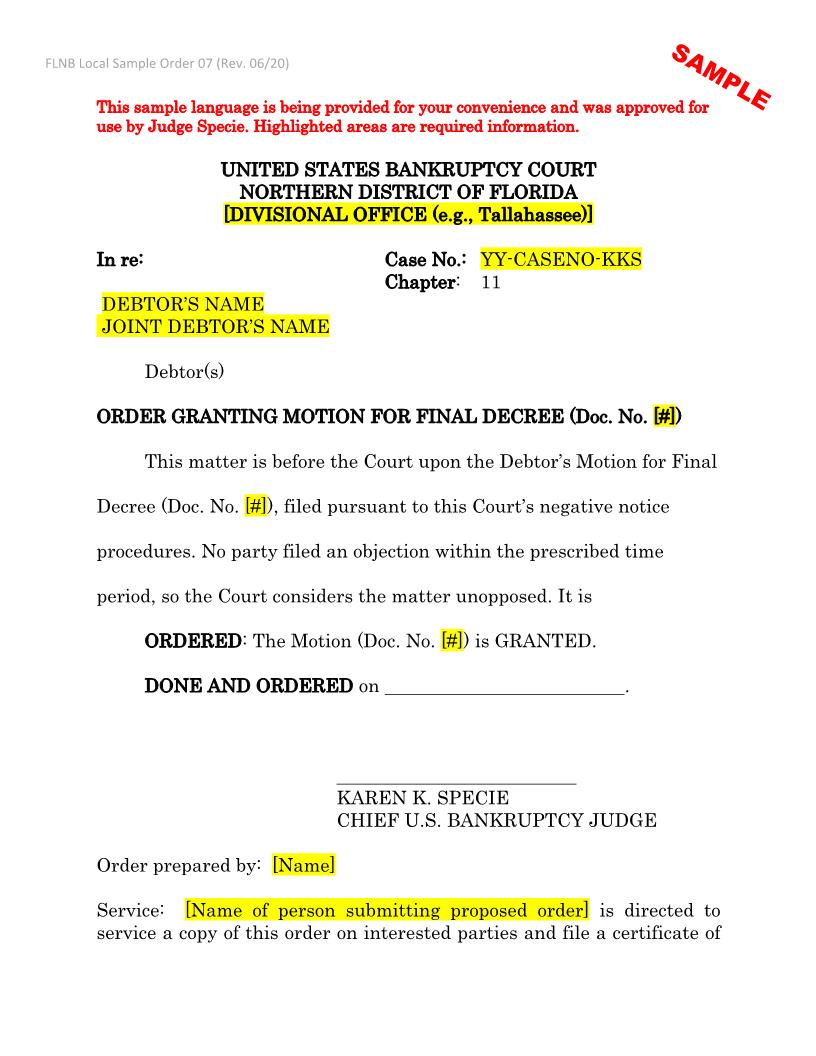 Order For Motion Granting Final Decree (Sample And Form) {LSO 07} | Pdf Fpdf Docx | Florida