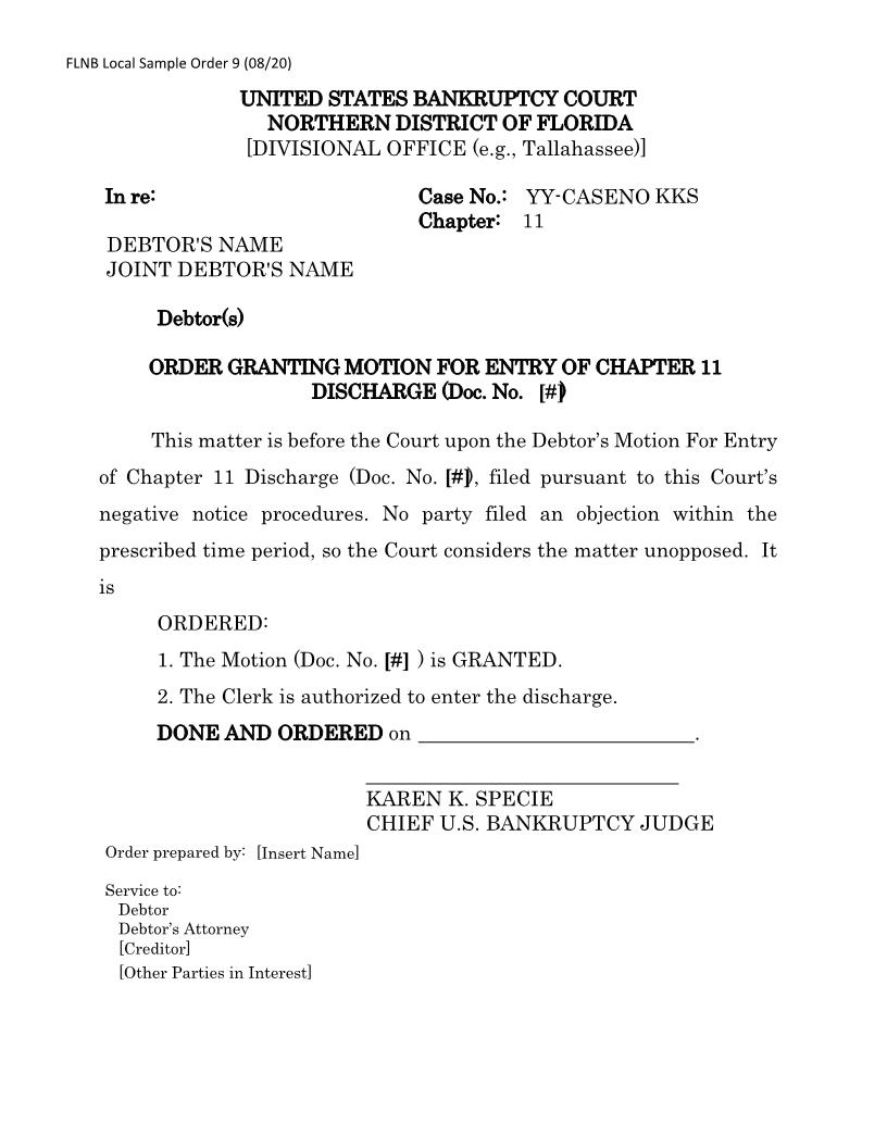 Order Granting Motion For Entry Of Chapter 11 Discharge {LSO 9} | Pdf Fpdf Docx | Florida