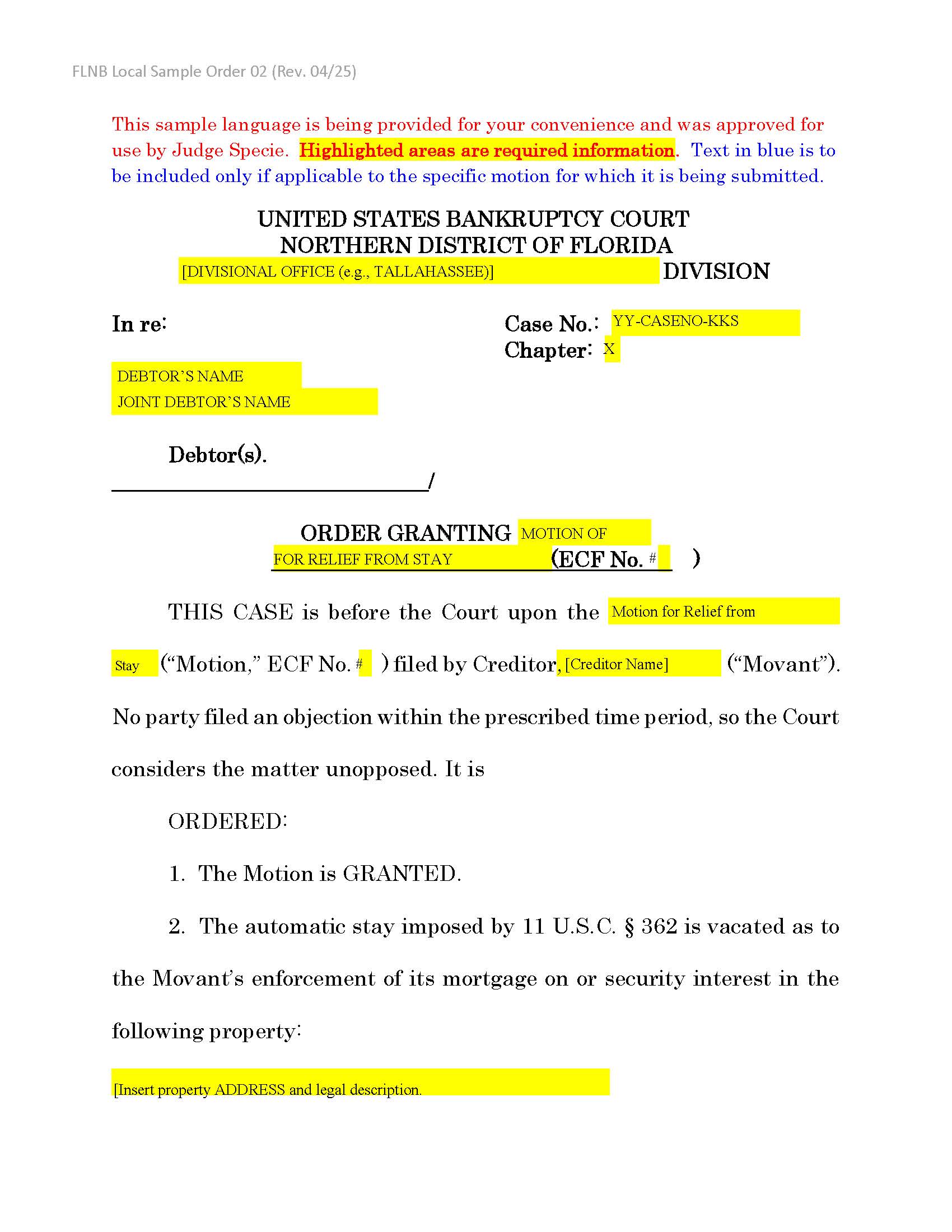 Order Granting Motion For Relief From Stay (Sample And Form) {LSO 02} | Pdf Fpdf Docx | Florida