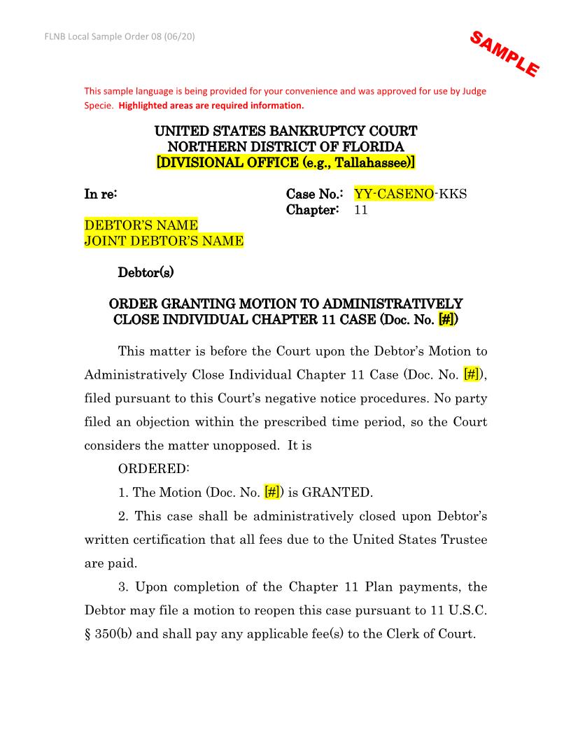 Order Granting Motion To Administratively Close Case (CH11) (Sample - Form) {LSO 08} | Pdf Fpdf Docx | Florida
