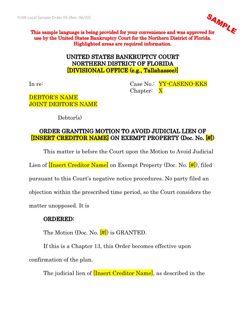 Order Granting Motion To Avoid Lien Exempt Property (Sample - Form) {LSO 05} | Pdf Fpdf Docx | Florida