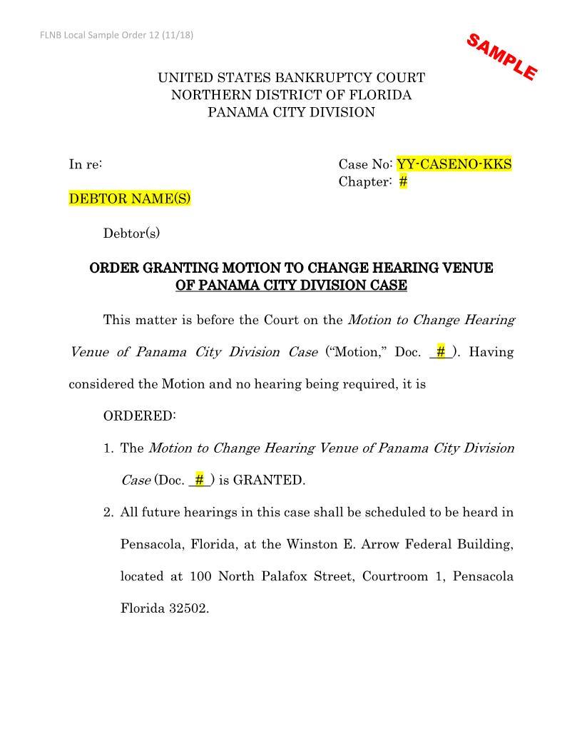 Order Granting Motion To Change Venue (Panama City Only) (Sample - Form) {LSO 12} | Pdf Fpdf Docx | Florida