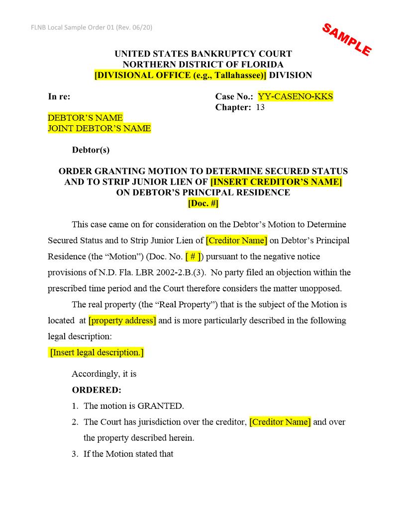 Order Granting Motion To Determine Secured Status (Sample And Form) {LSO 01} | Pdf Fpdf Docx | Florida