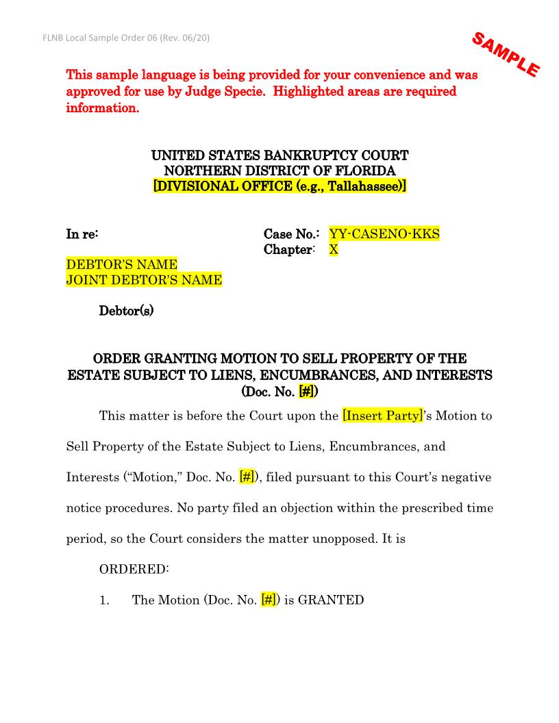 Order Granting Motion To Sell Property (Sample And Form) {LSO 06} | Pdf Fpdf Docx | Florida
