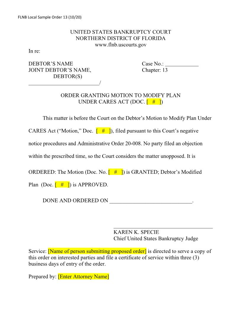 Order Granting Motion to Modify Plan Under CARES Act {LSO 13} | Pdf Fpdf Docx | Florida