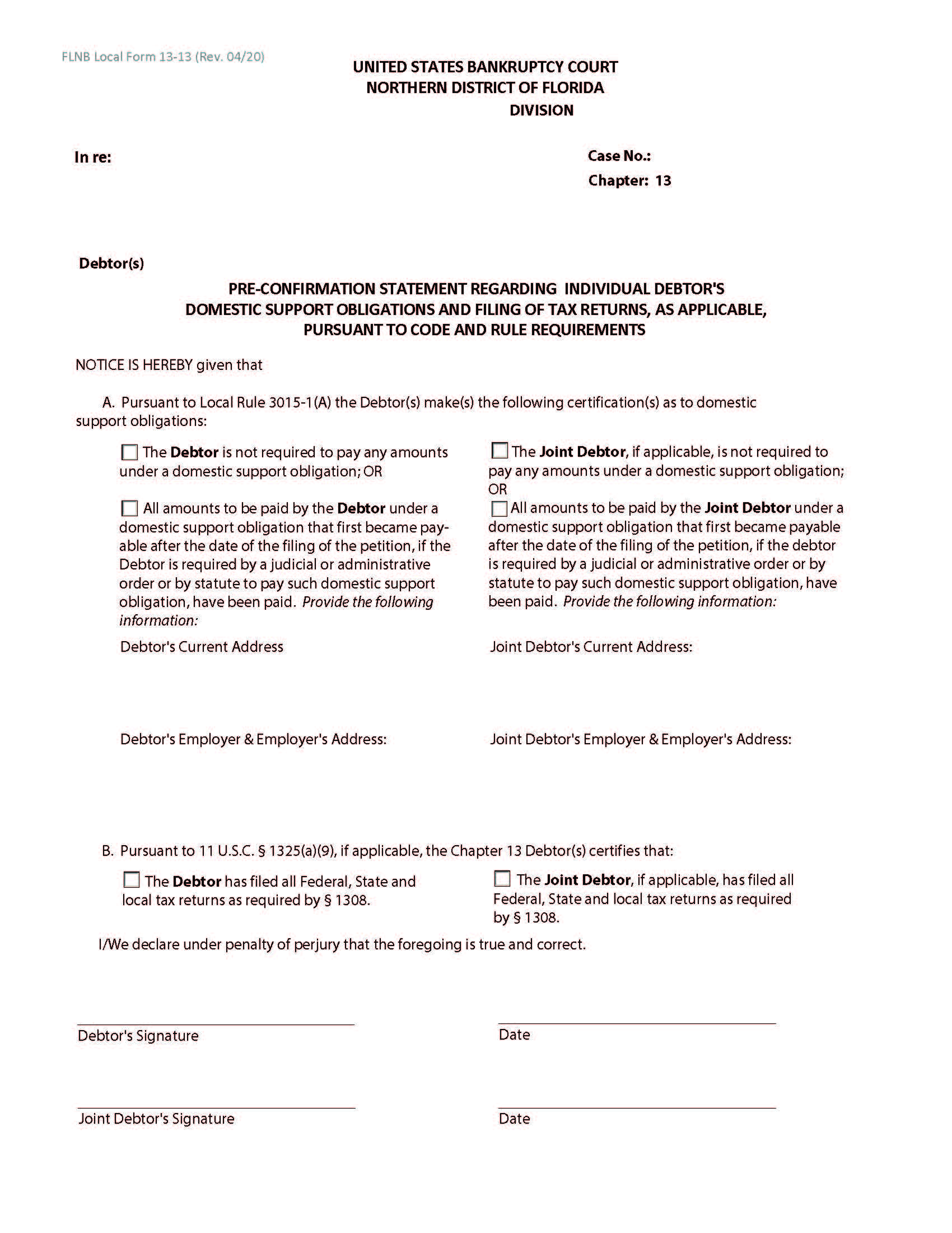 Pre-Confirmation Statement Regarding Individual Debtors Domestic Support Obligations {LF-13-13} | Pdf Fpdf Doc Docx | Florida