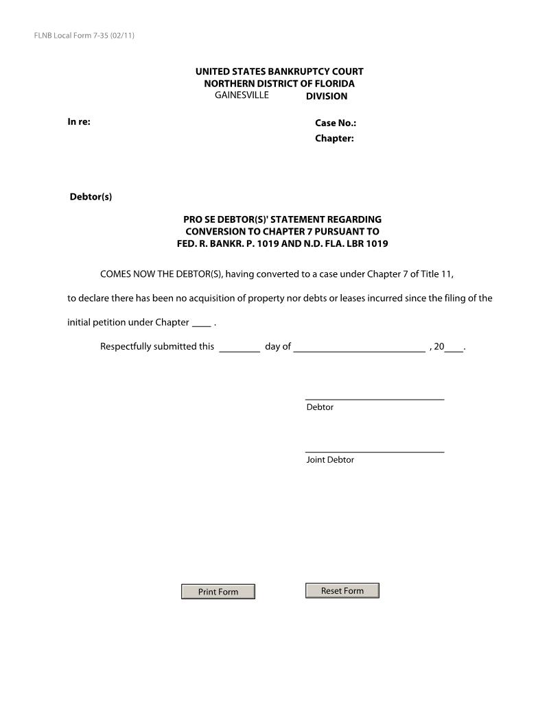 Pro Se Debtors Statement Regarding Conversion To Chapter 7 (No Change) {LF-7-35} | Pdf Fpdf Docx | Florida