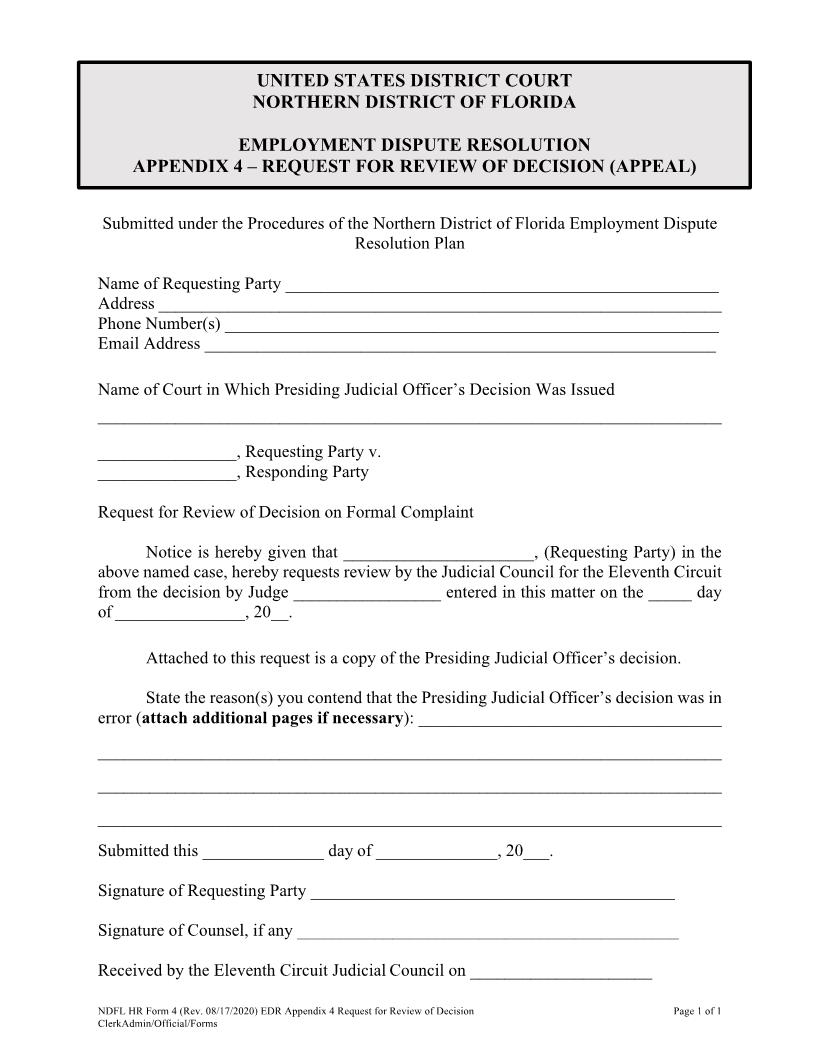 Request For Review Of Decision (Appeal - Employment Dispute Resolution) {FLNB EDR Appendix 4} | Pdf Fpdf Docx | Florida