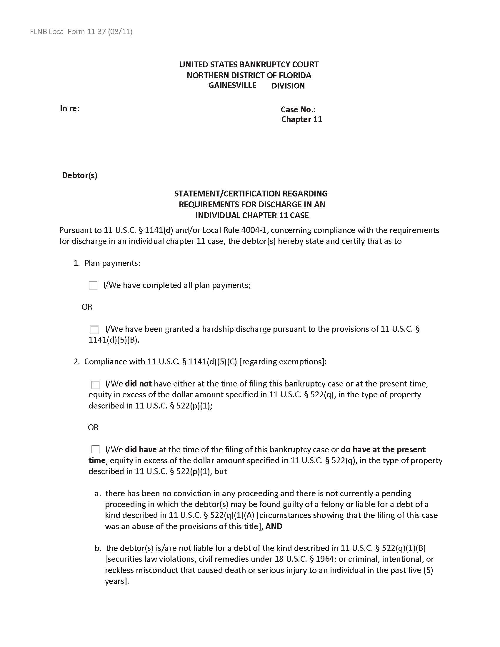 Statement-Certification Regarding Requirements For Discharge In Chapter 11 Case {11-37} | Pdf Fpdf Docx | Florida