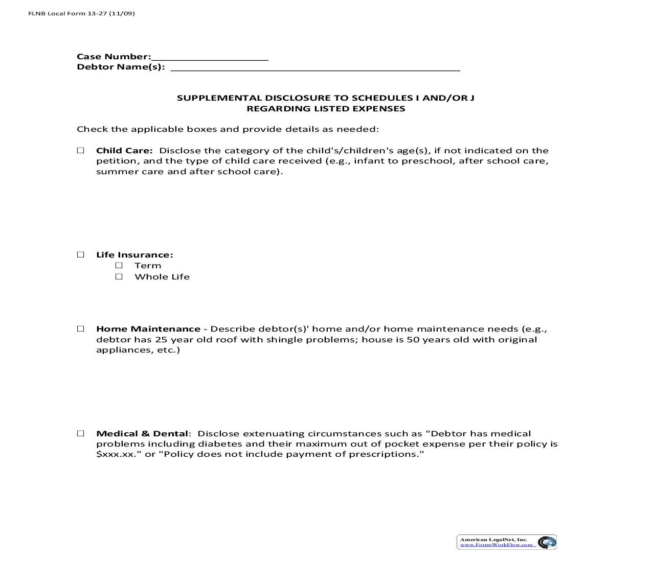 Supplemental Disclosure To Schedules I And-Or J Regarding Listed Expenses {13-27} | Pdf Fpdf Doc Docx | Florida