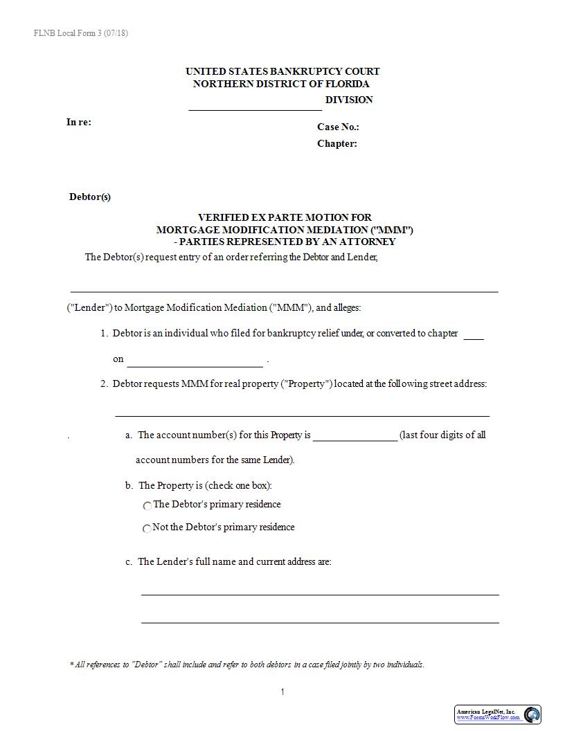 Verified Ex Parte Motion For Mortgage Modification Mediation Attorney {LF-3} | Pdf Fpdf Docx | Florida