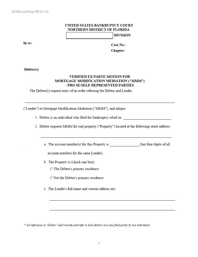 Verified Ex Parte Motion For Mortgage Modification Mediation Pro Se {LF-3PS} | Pdf Fpdf Docx | Florida