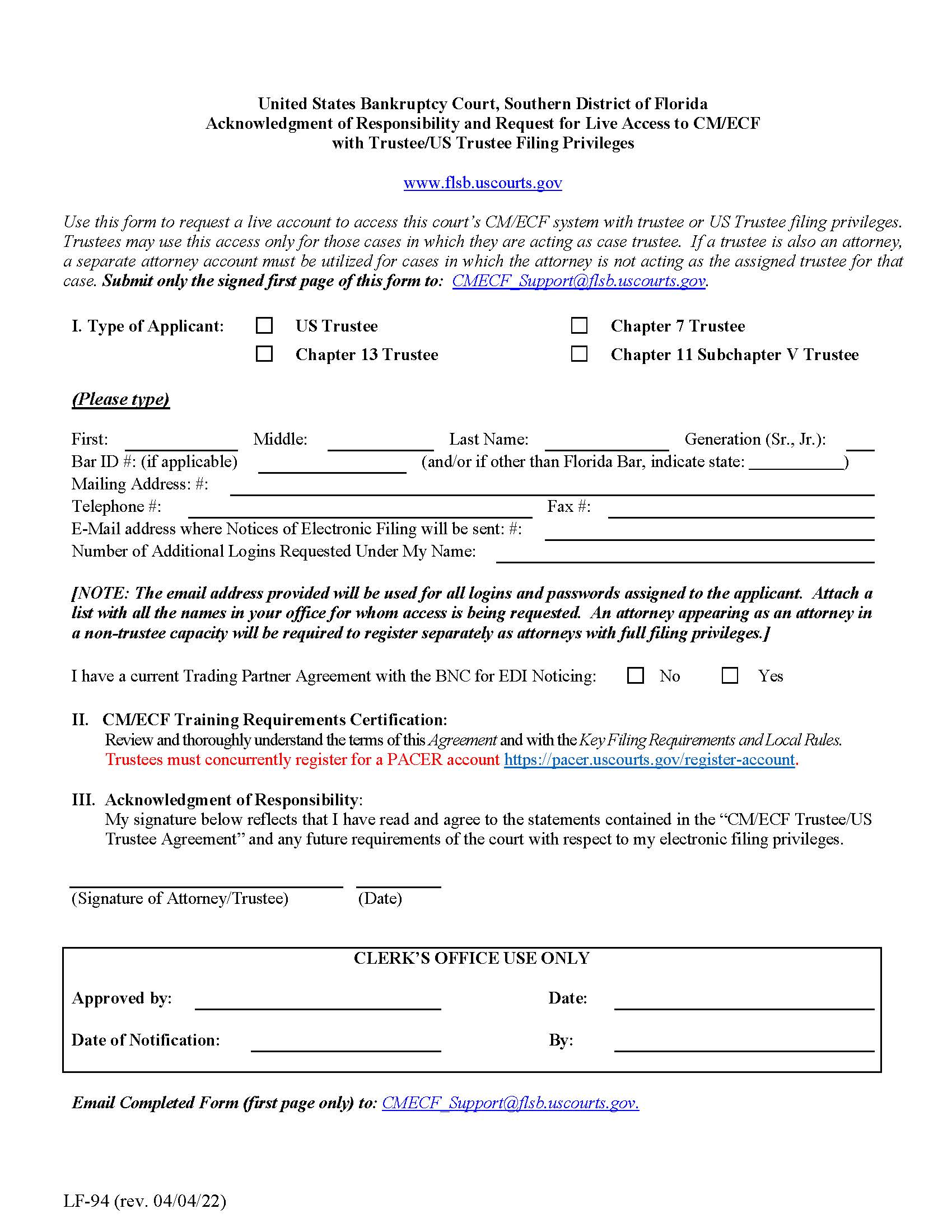 Acknowledgment Of Responsibility Live Access CM-ECF  Trustee-US Trustee Privileges {LF-94} | Pdf Fpdf Doc Docx | Florida