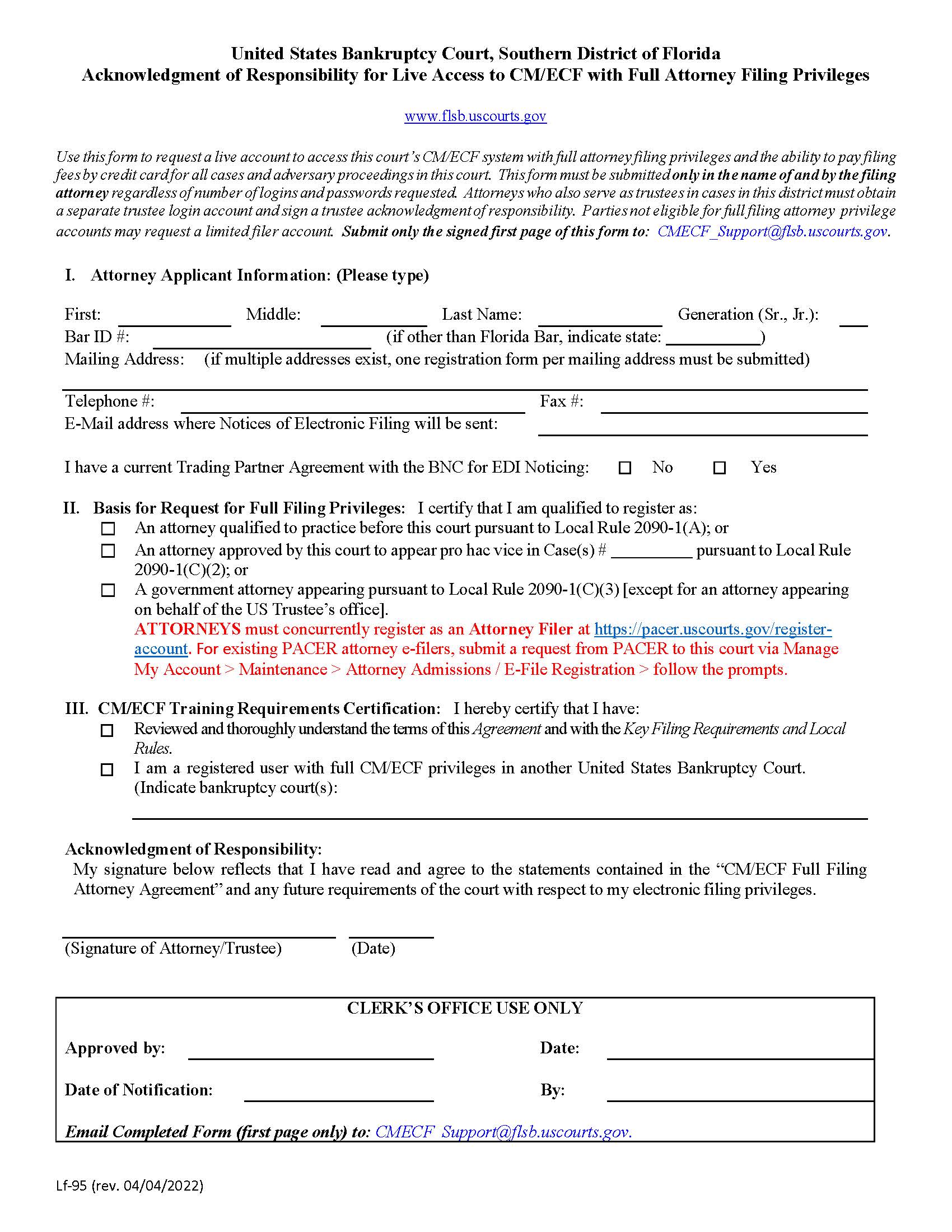 Acknowledgment Of Responsibility Live Access CM-ECF Full Attorney Privileges {LF-95} | Pdf Fpdf Doc Docx | Florida