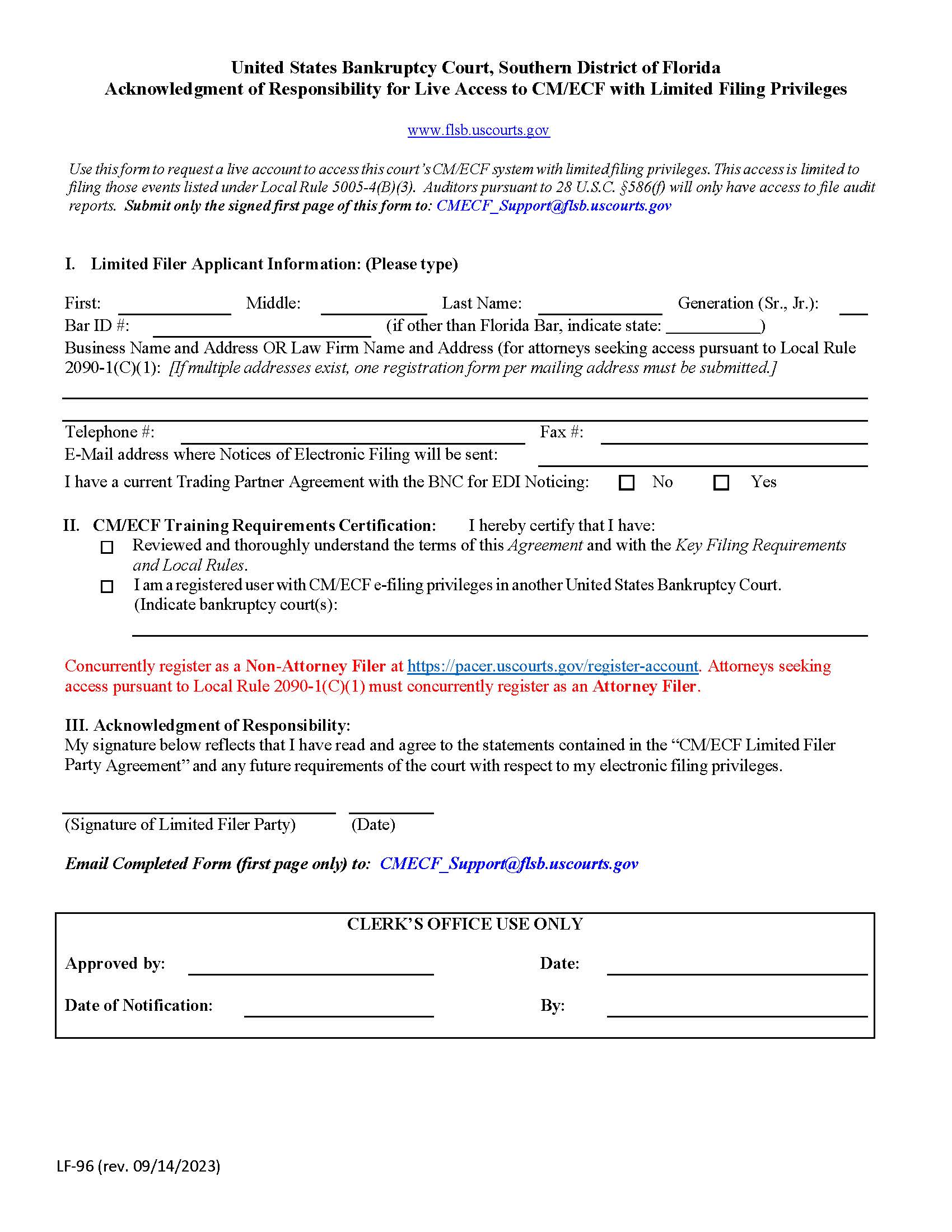 Acknowledgment Of Responsibility Live Access To CM-ECF Limited Privileges {LF-96} | Pdf Fpdf Doc Docx | Florida