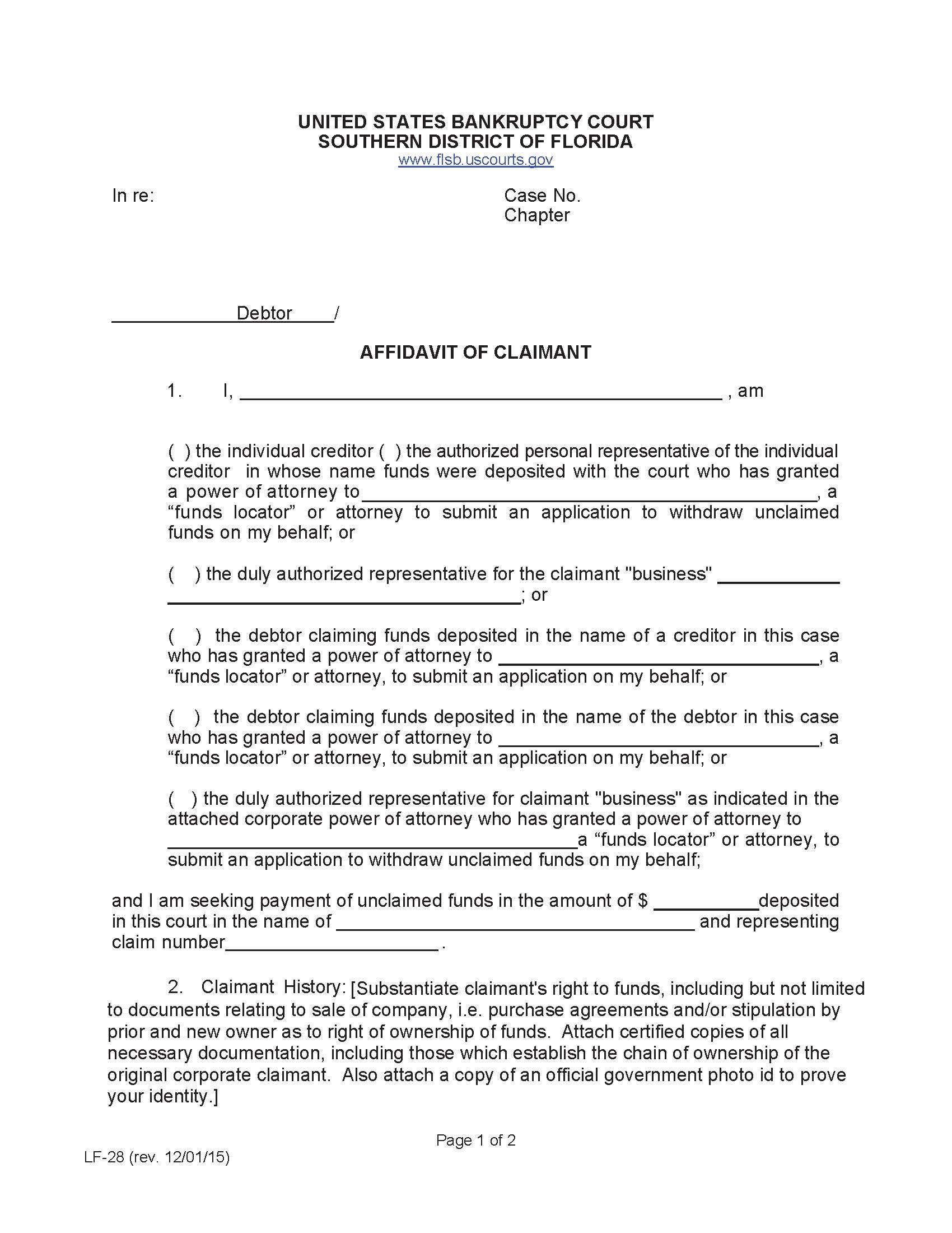 Affidavit Of Claimant (Sample And Form) {LF-28} | Pdf Fpdf Docx | Florida