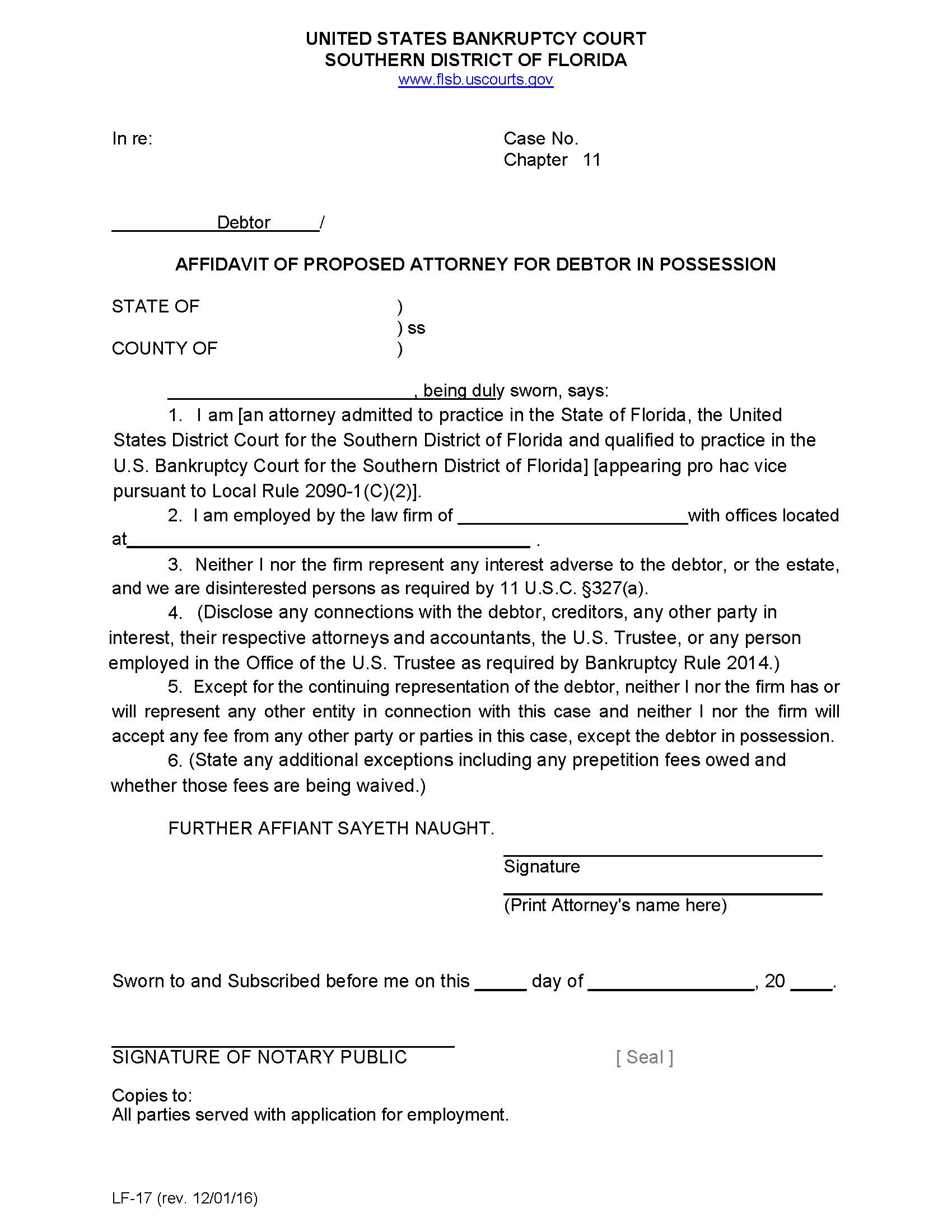 Affidavit Of Proposed Attorney For Debtor In Possession (Sample And Form) {LF-17} | Pdf Fpdf Docx | Florida