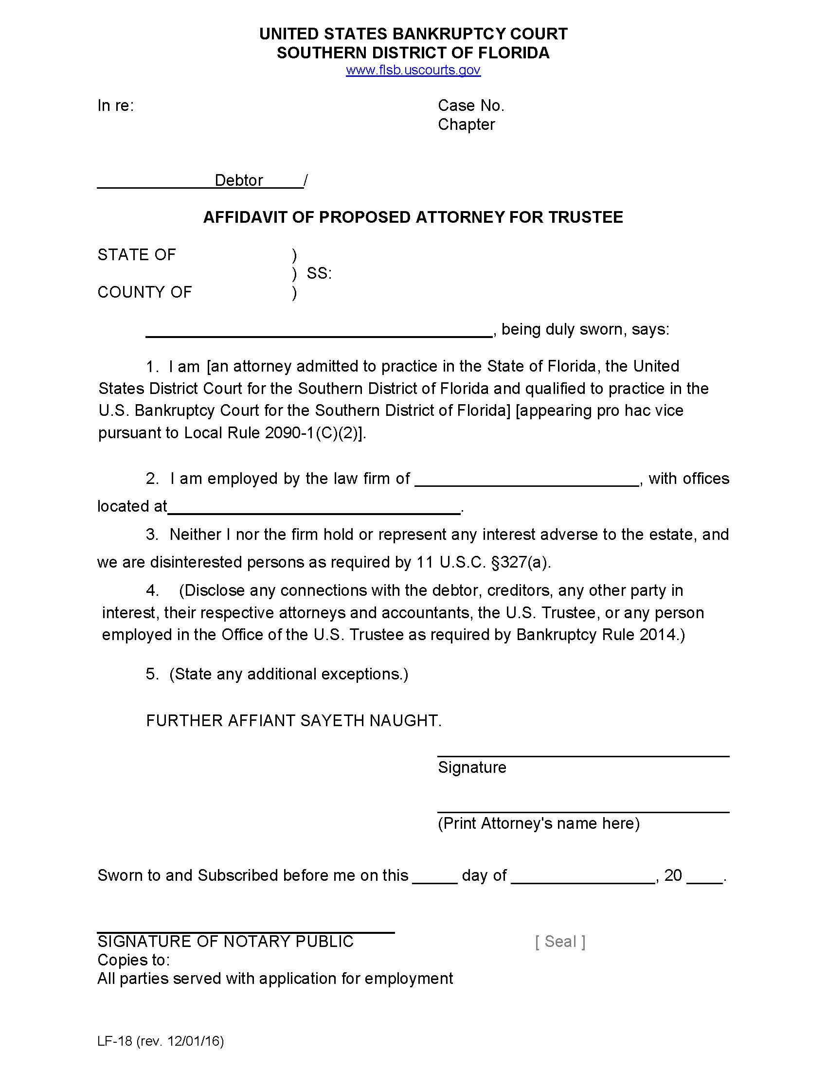 Affidavit Of Proposed Attorney For Trustee (Sample And Form) {LF-18} | Pdf Fpdf Docx | Florida