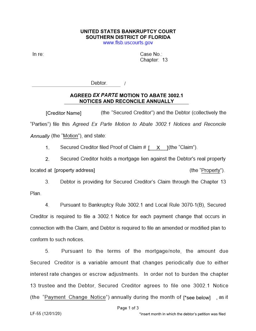 Agreed Ex Parte Motion To Abate 3002.1 Notices And Reconcile Annually | Pdf Fpdf Docx | Florida