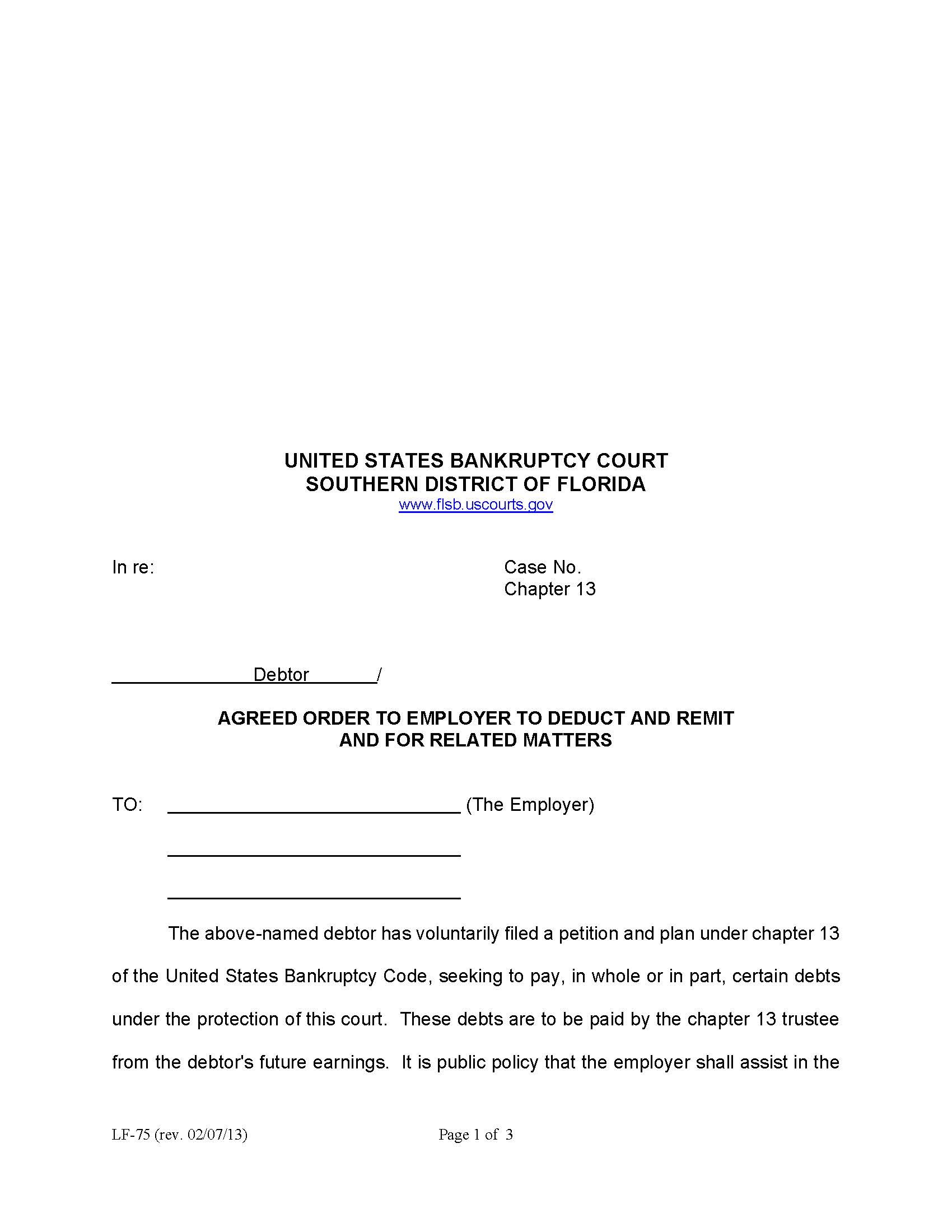 Agreed Order To Employer To Deduct And Remit And For Related Matters{LF-75} | Pdf Fpdf Docx | Florida