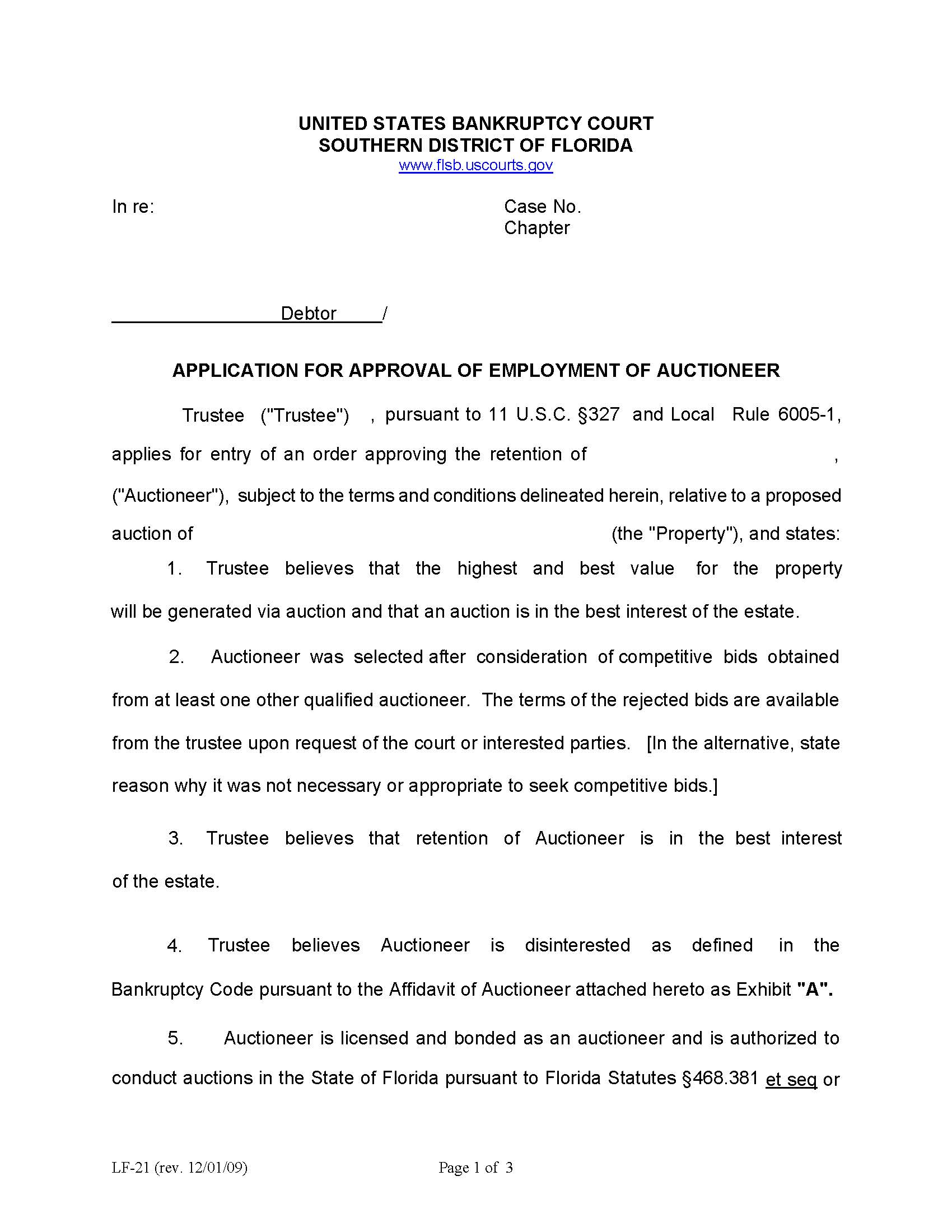 Application For Approval Of Employment Of Auctioneer (Sample And Form) {LF-21} | Pdf Fpdf Doc Docx | Florida