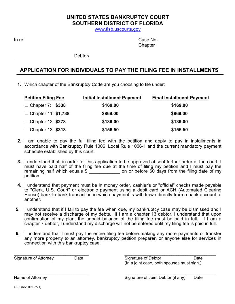 Application For Individuals To Pay The Filing Fee In Installments {LF-3} | Pdf Fpdf Docx | Florida