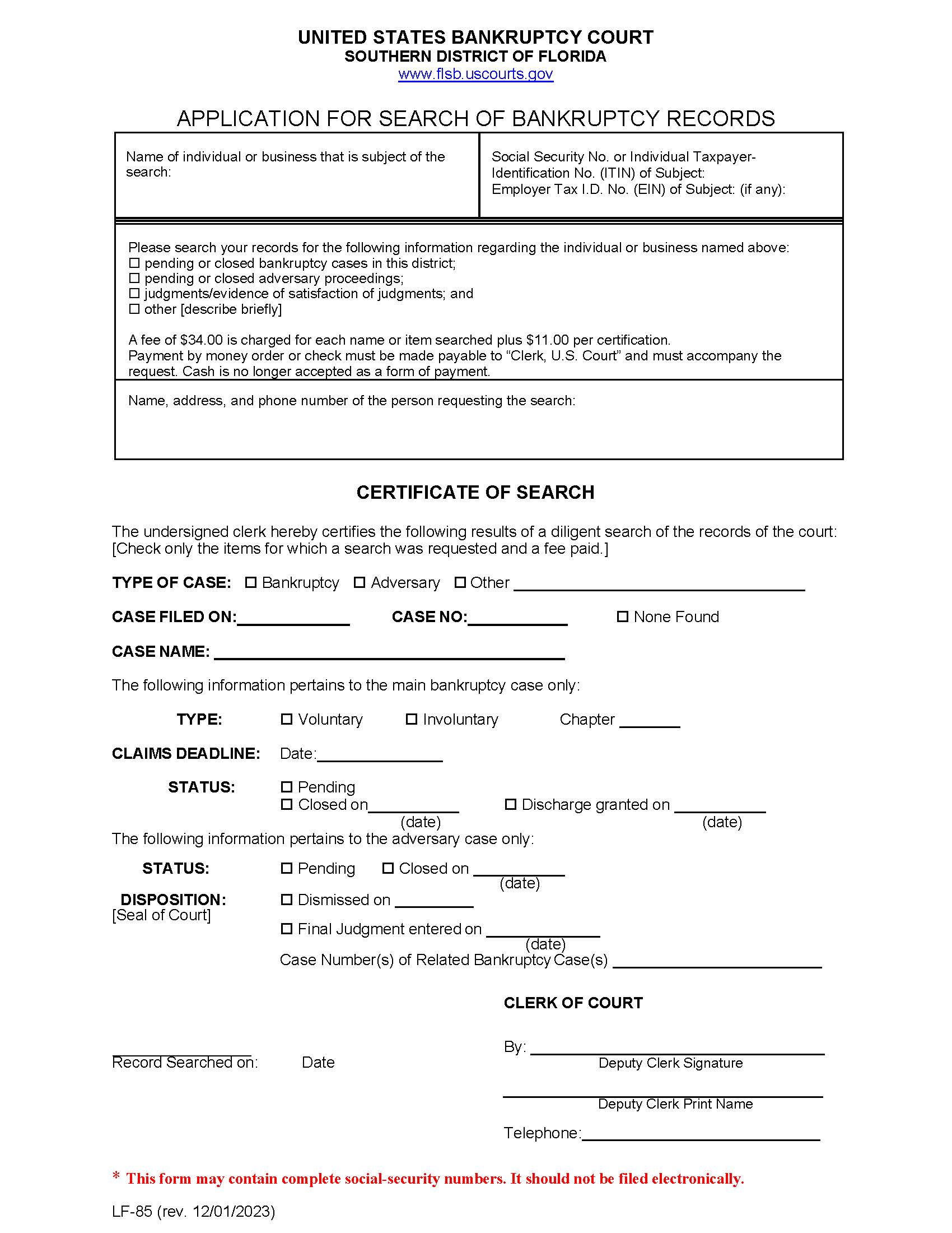 Application For Search Of Bankruptcy Records {LF-85} | Pdf Fpdf Doc Docx | Florida