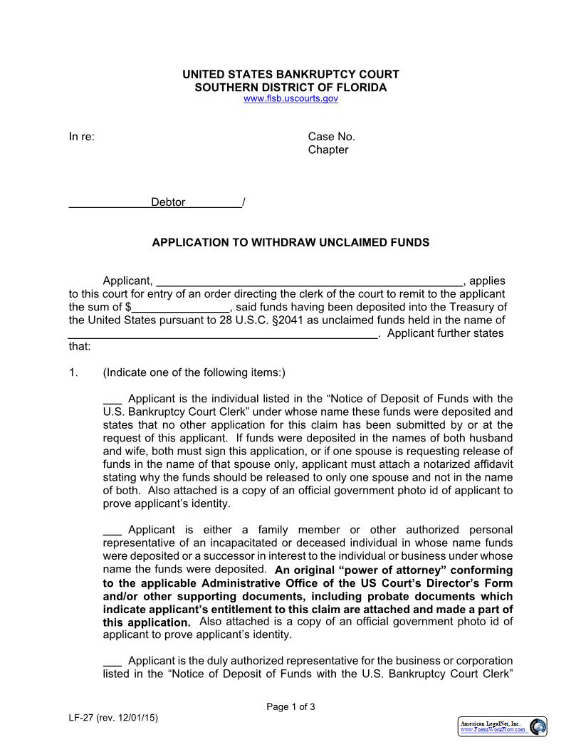 Application To Withdraw Unclaimed Funds {LF-27} | Pdf Fpdf Docx | Florida