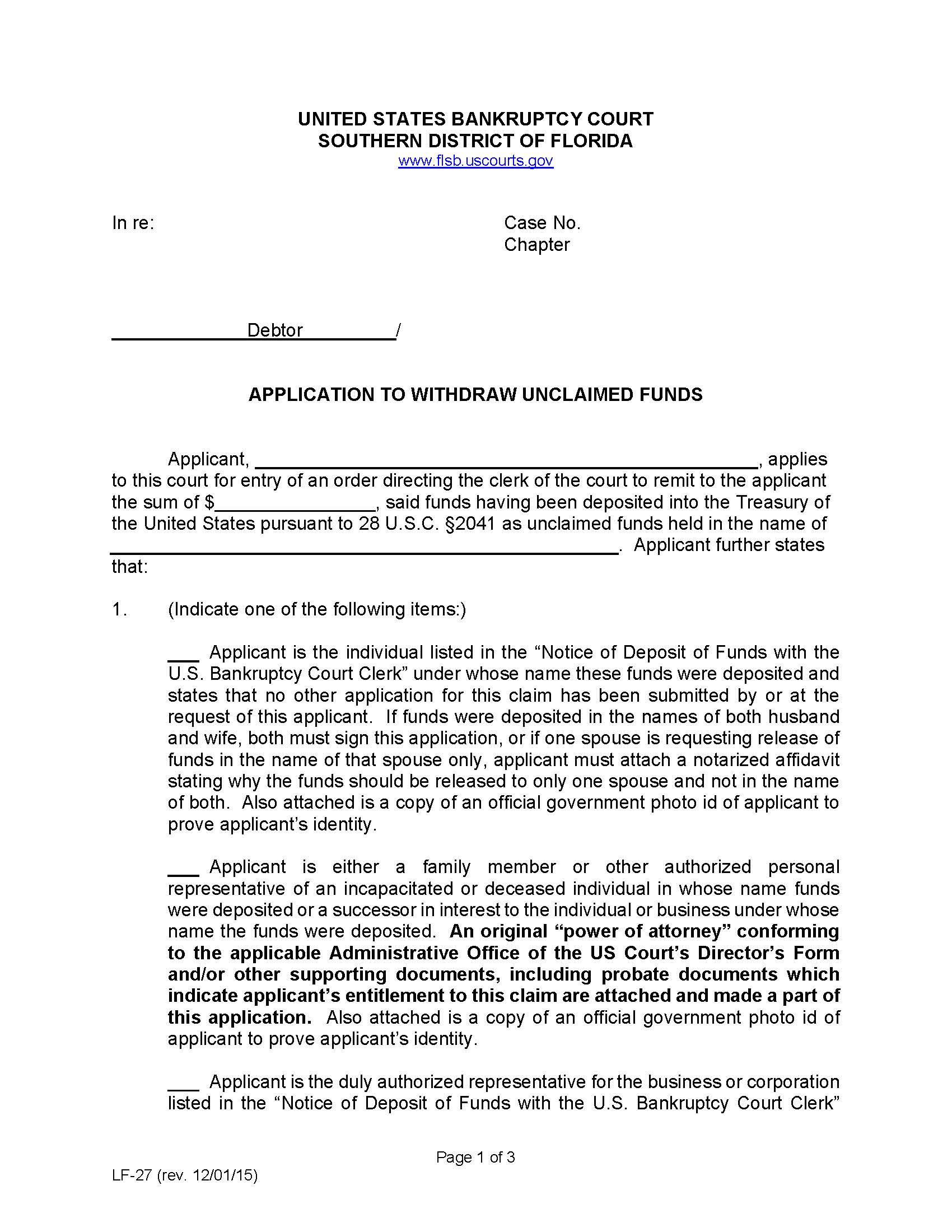 Application To Withdraw Unclaimed Funds {LF-27} | Pdf Fpdf Docx | Florida