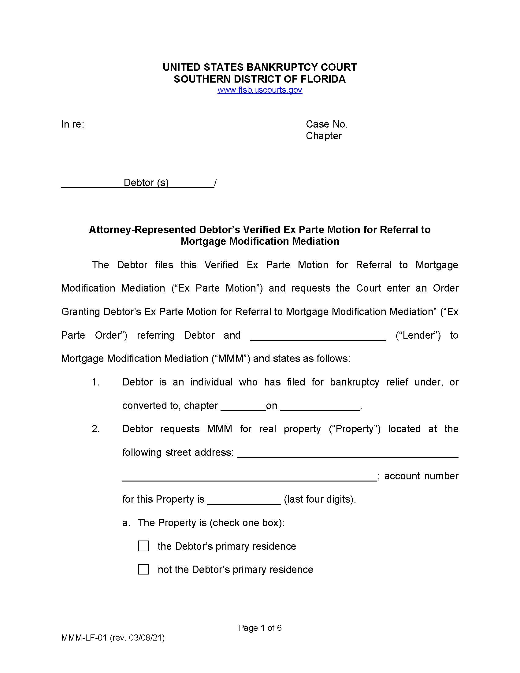 Attorney-Represented Debtors Ex Parte Motion Referral To Mortgage Mod Mediation {MMM-LF-01} | Pdf Fpdf Doc Docx | Florida