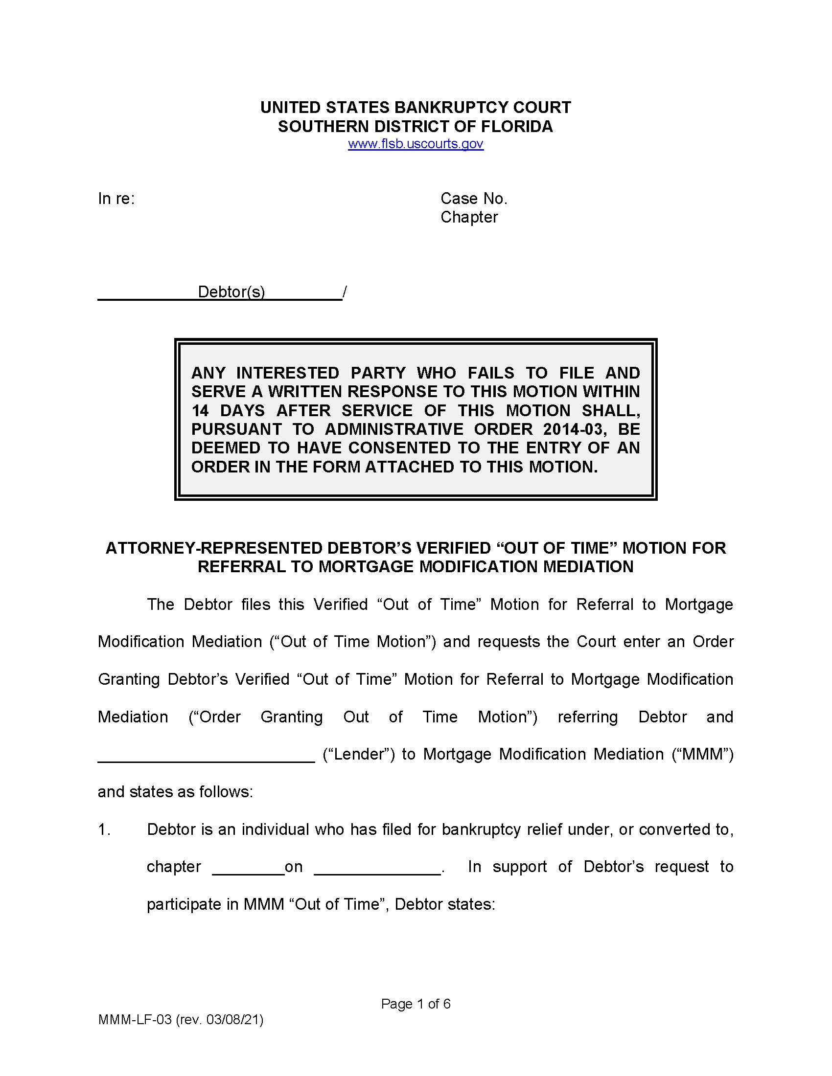 Attorney-Represented Debtors Verified Out Of Time Motion For Referral To MMM {MMM-LF-03} | Pdf Fpdf Doc Docx | Florida