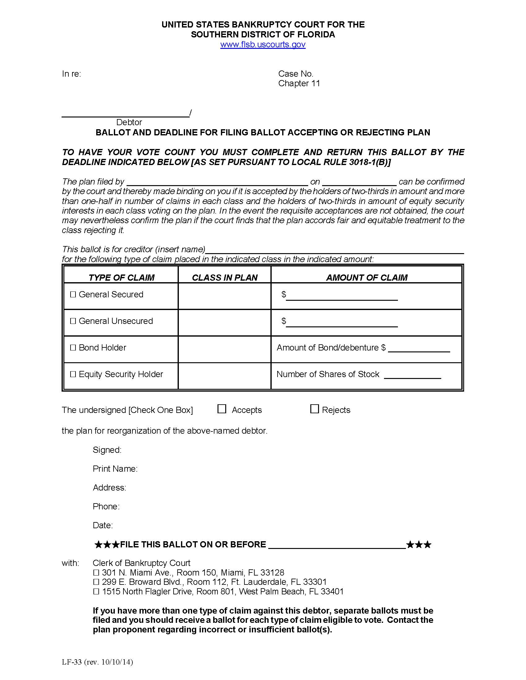 Ballot And Deadline For Filing Ballot Accepting Or Rejecting Plan {LF-33} | Pdf Fpdf Doc Docx | Florida