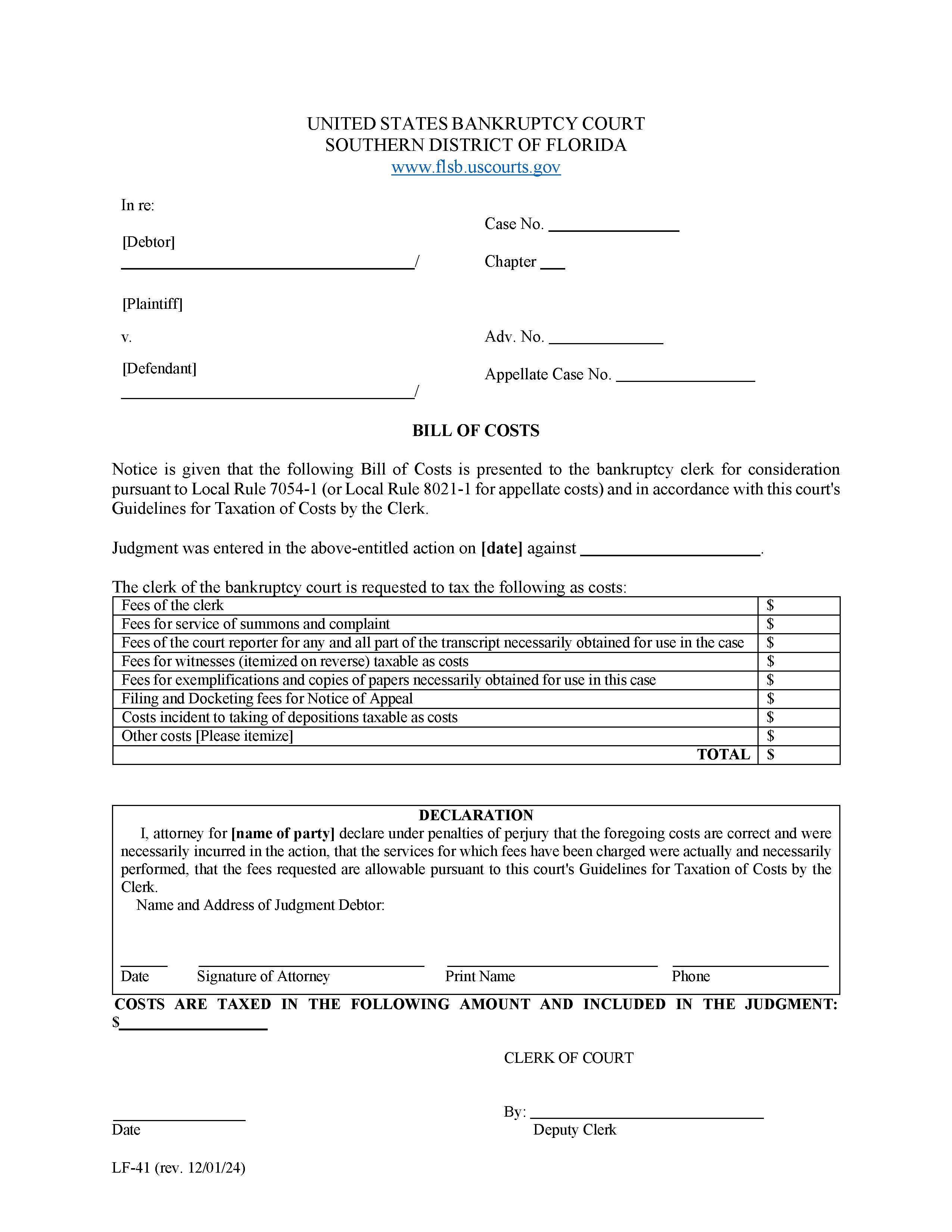 Bill Of Costs {LF-41} | Pdf Fpdf Doc Docx | Florida