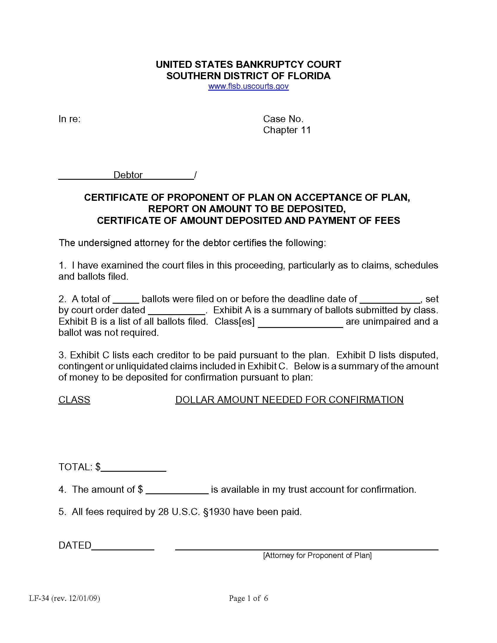 Certificate Of Proponent Of Plan On Acceptance Of Plan Report On Amount To Be Deposited {LF-34} | Pdf Fpdf Doc Docx | Florida