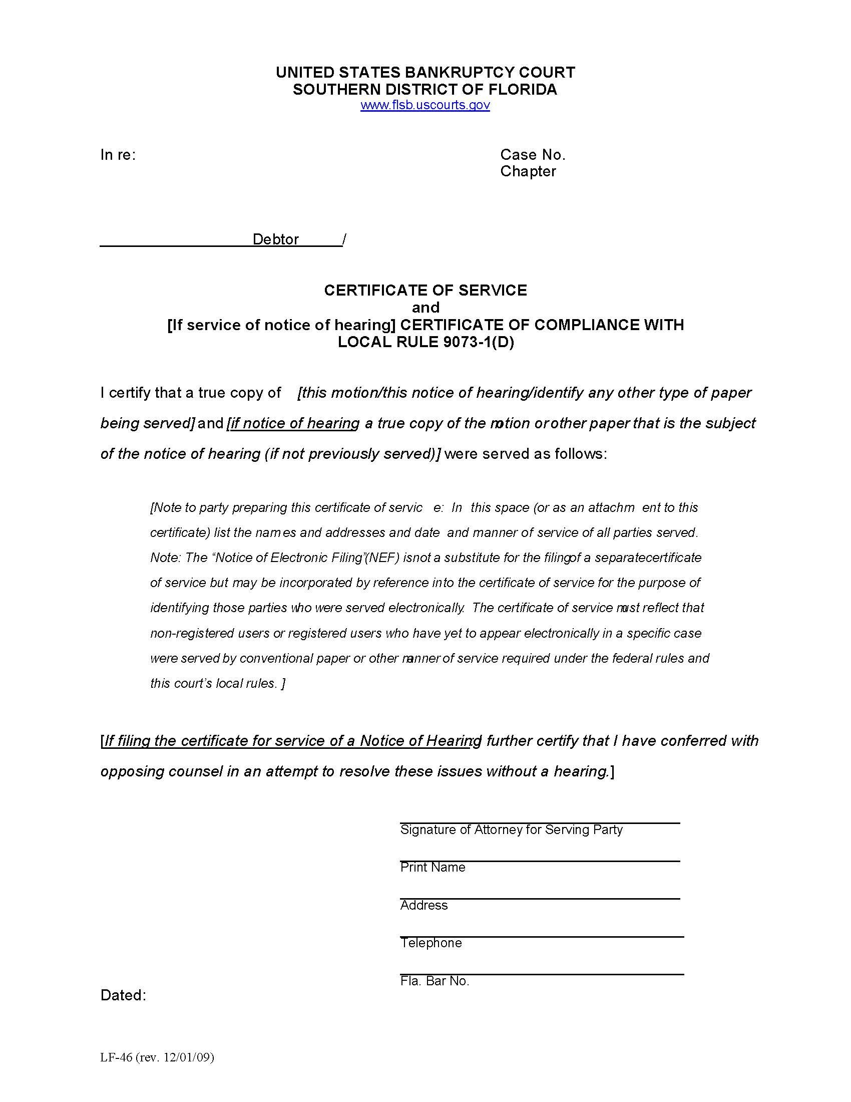 Certificate Of Service (Certificate Of Compliance With Local Rule 9073-1(D)) (Sample And Form) {LF-46} | Pdf Fpdf Doc Docx | Florida