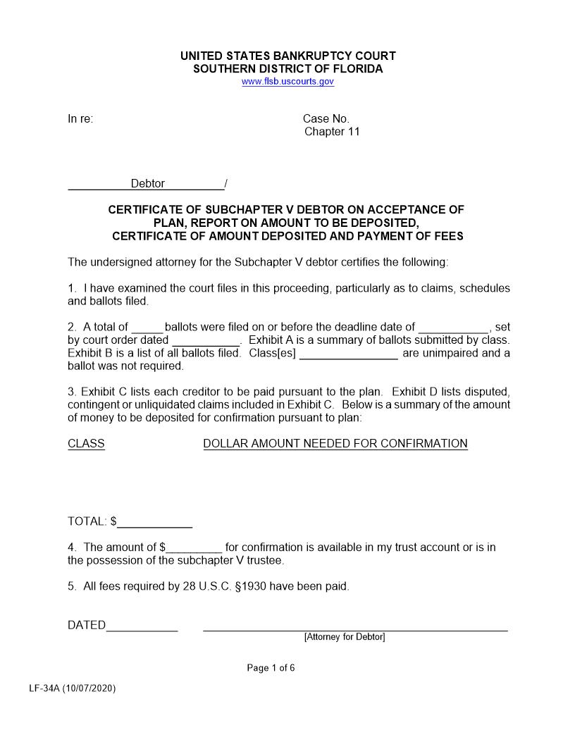 Certificate Of Subchapter V Debtor Acceptance Of Plan Report On Deposit {LF-34A} | Pdf Fpdf Docx | Florida