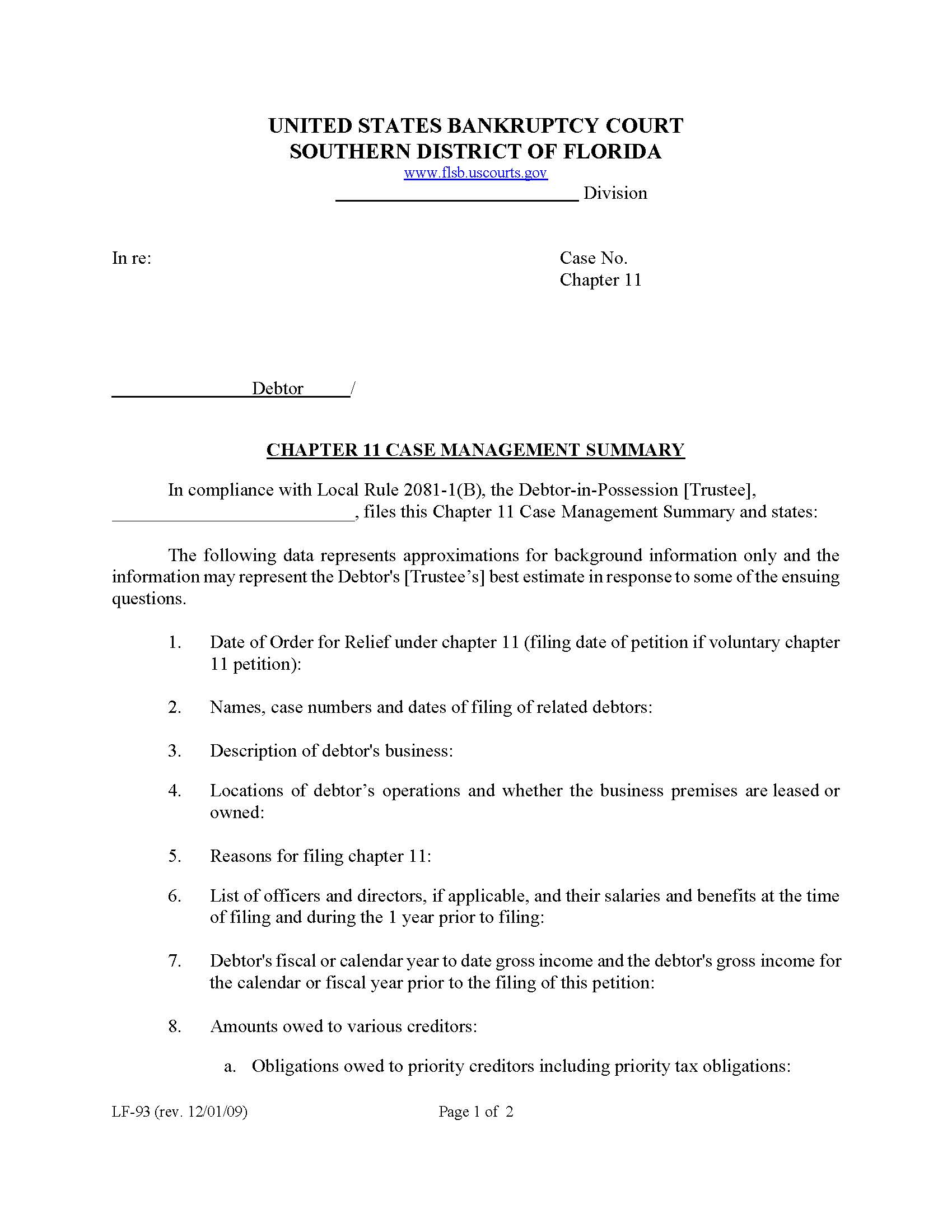 Chapter 11 Case Management Summary (Sample And Form) {LF-93} | Pdf Fpdf Doc Docx | Florida