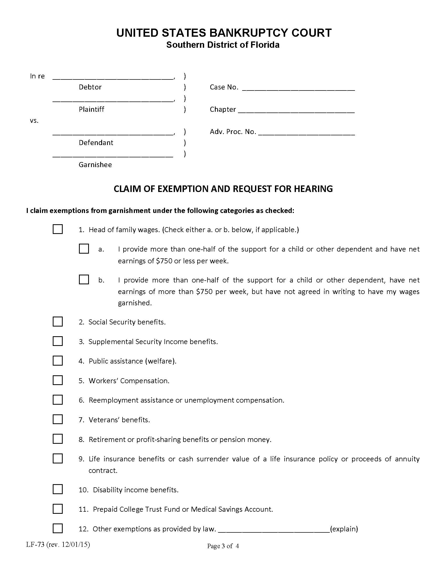 Claim Of Exemption And Request For Hearing {LF-73} | Pdf Fpdf Doc Docx | Florida