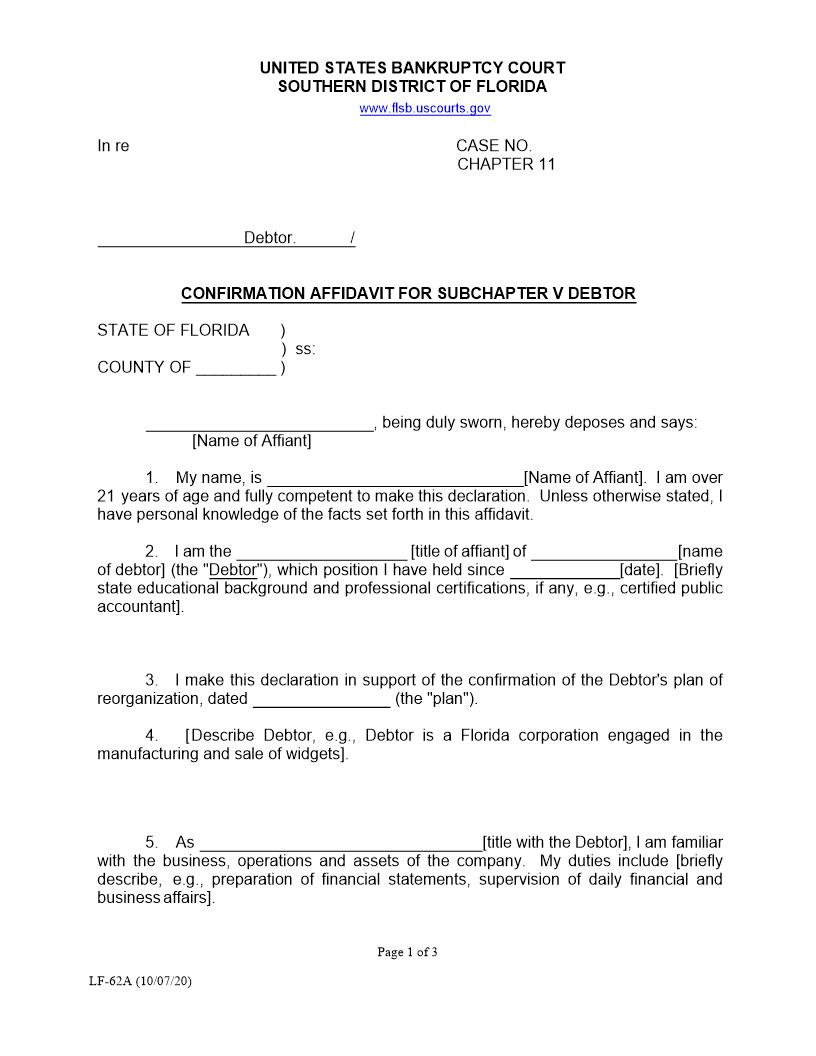 Confirmation Affidavit For Subchapter V Debtor {LF-62A} | Pdf Fpdf Docx | Florida