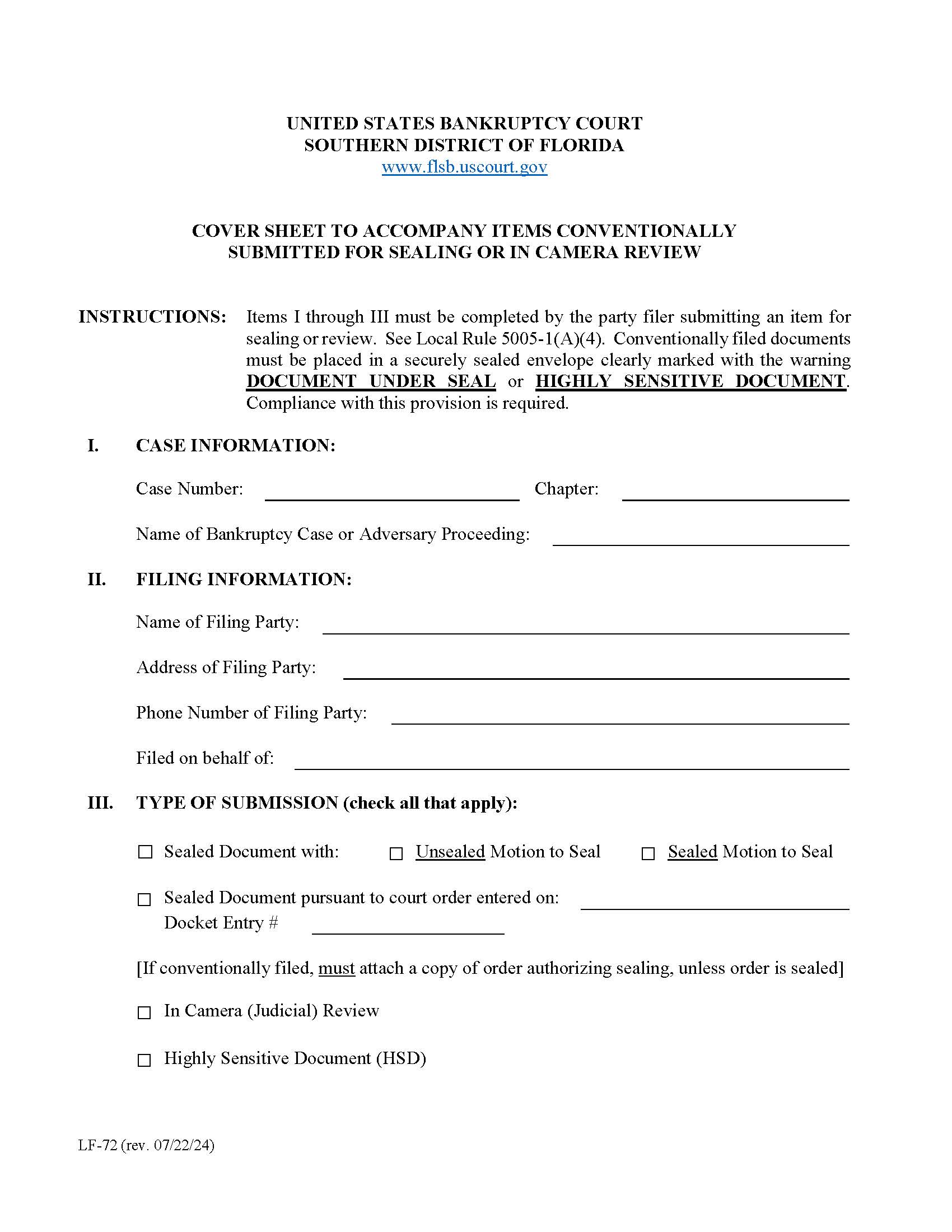 Cover Sheet Items Conventionally Submitted Sealing Or In Camera Review (LF-72) | Pdf Fpdf Doc Docx | Florida