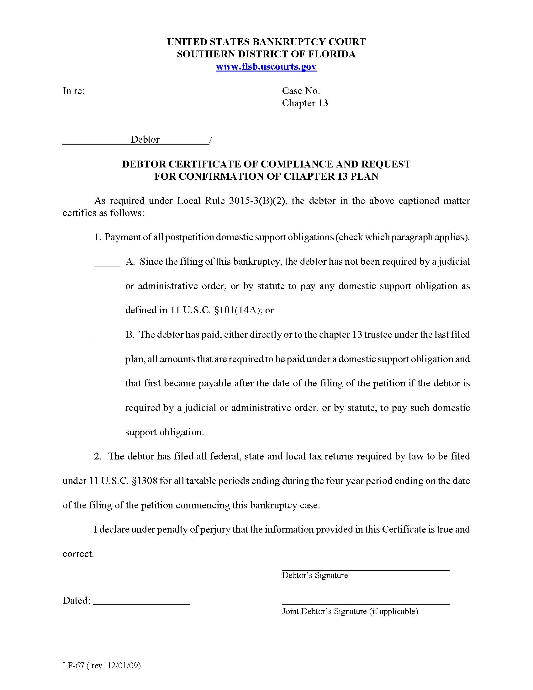 Debtor Certificate Of Compliance And Request For Confirmation Of Chapter 13 Plan {LF-67} | Pdf Fpdf Doc Docx | Florida