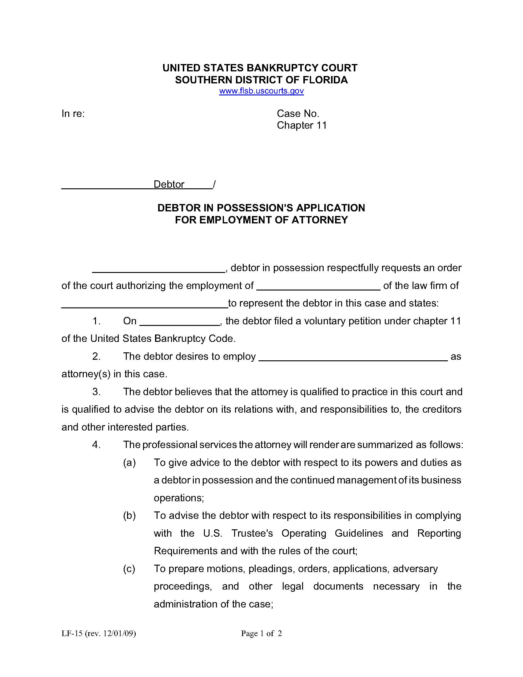Debtor In Possessions Application For Employment Of Attorney {LF-15} | Pdf Fpdf Doc Docx | Florida