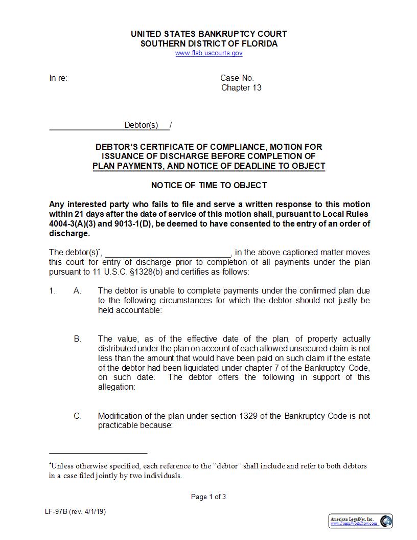 Debtors Certificate Compliance Motion Discharge Pre Plan Completion Objection Deadline {LF-97B} | Pdf Fpdf Docx | Florida