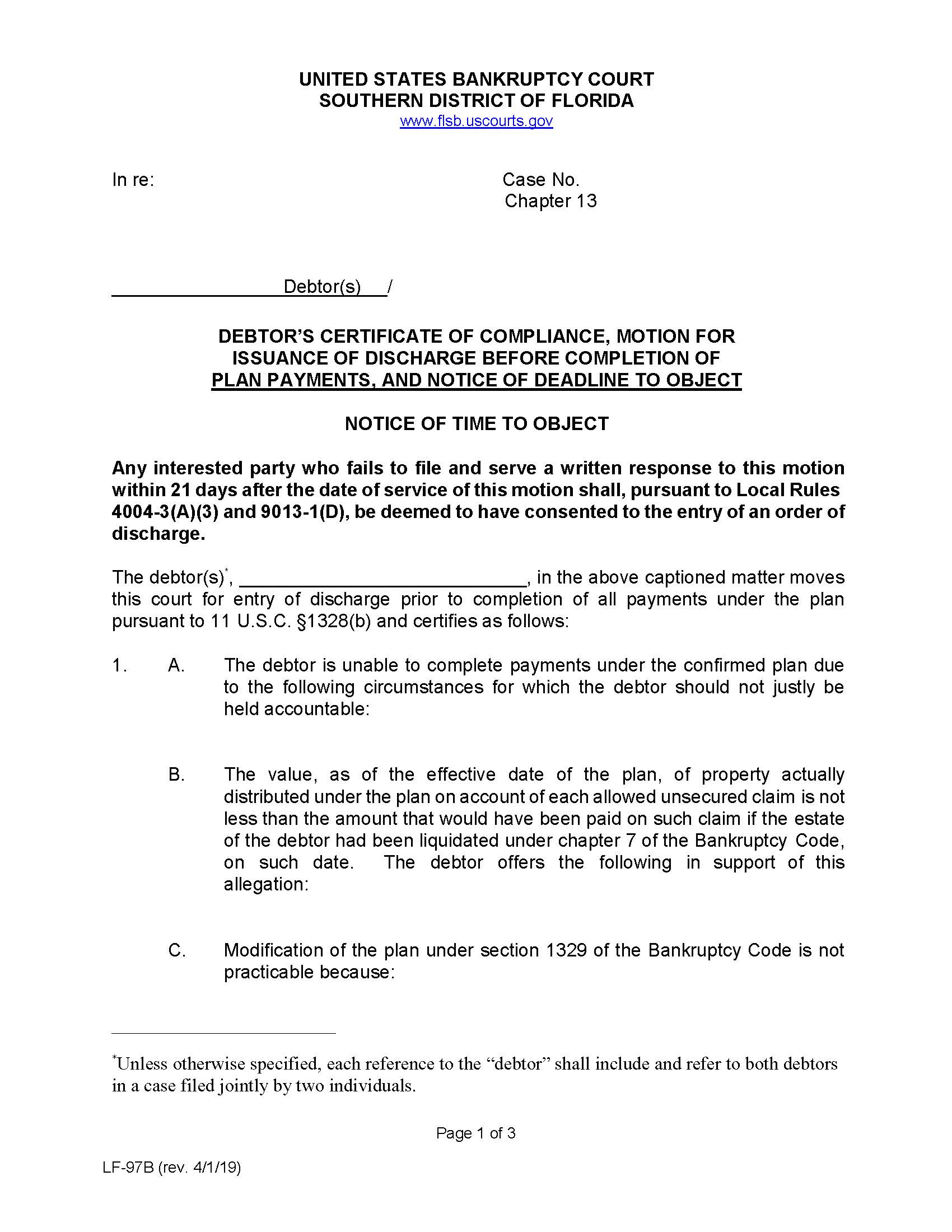 Debtors Certificate Compliance-Motion Discharge-Deadline Objection (Cases Filed 040119 On) {LF-97B} | Pdf Fpdf Docx | Florida