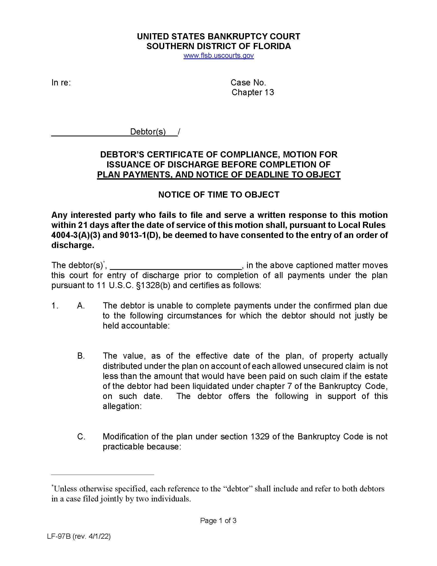 Debtors Certificate Compliance-Motion Discharge-Deadline Objection (Cases Filed 040122 On) {LF-97B} | Pdf Fpdf Docx | Florida